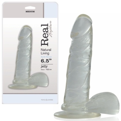 Dildo transparente com embalagem branca e texto