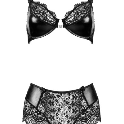 Conjunto roupa interior feminina preto com renda e tecido sintético brilhoso