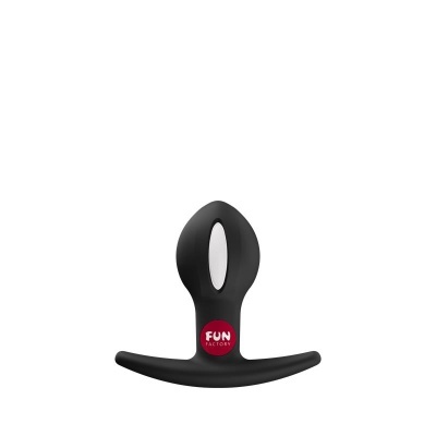 Dispositivo anatómico preto com detalhe em branco e selo vermelho FUN FACTORY