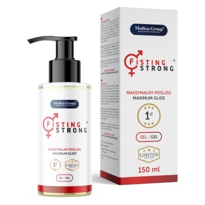 Frasco de gel lubrificante com doseador e embalagem branca com texto Fisting Strong