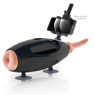 Aparelho de sexo masculino preto com suporte para telemóvel e réplica de pénis cor de pele