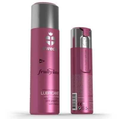 Dois frascos metálicos rosa e prateado do lubrificante Swede Fruity Love