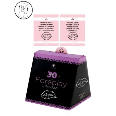 Embalagem preta e roxa com texto e ilustrações de lábios para jogo Foreplay Challenge.