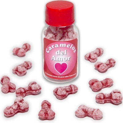 Frasco com caramelos em forma de pênis e rótulo rosa