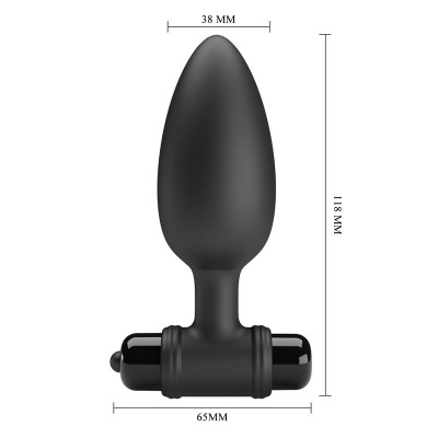 Plug anal preto com peças cilíndricas e medidas visíveis