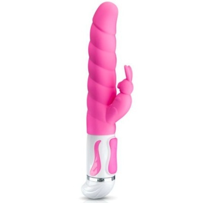 Vibrador rosa com estimulador em forma de coelho e base branca com detalhes rosa
