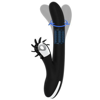 Vibrador preto com parte rotativa azul e controlo de botões