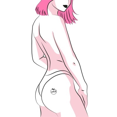 Ilustração de mulher vista de costas com cabelo rosa e tatuagem de pêssego com texto