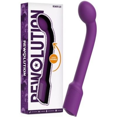 Vibrador roxo curvado e embalagem branca e roxa com texto REWOFLUTION