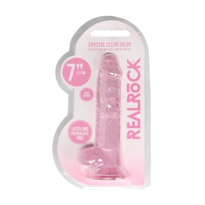 Dildo realístico cor de rosa transparente em embalagem plástica com textos em rosa.