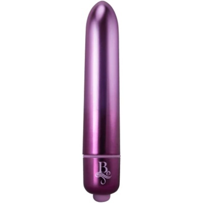 Produto roxo metálico cilíndrico com botão na base e letra B