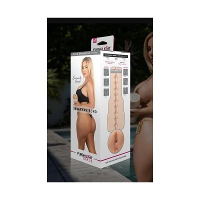 Embalagem de produto adulto Fleshlight Savannah Bond com imagem da modelo e detalhes do produto.