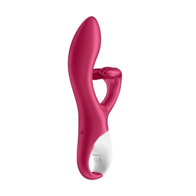 Vibrador vermelho e branco ergonómico com extensão flexível e símbolos de certificação