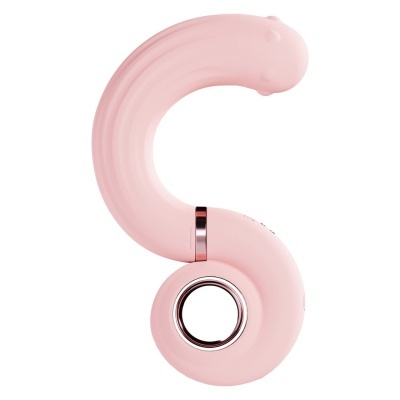 Vibrador cor-de-rosa curvo com anel metálico circular na base