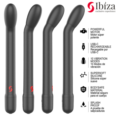 Quatro vibradores pretos de silicone com diferentes formas e ângulos, detalhes da marca Ibiza e especificações técnicas ao lado.