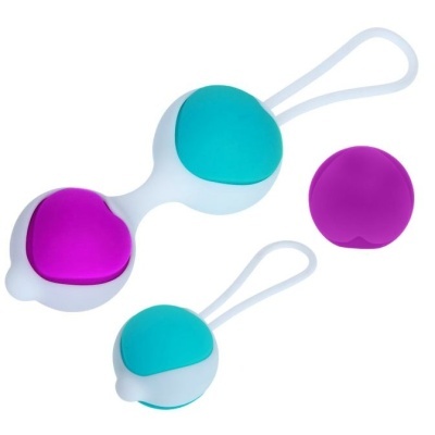 Conjunto de bolas de silicone azul turquesa e roxo com estrutura branca e loop