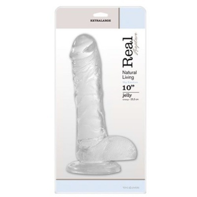 Dildo transparente em embalagem com texto em branco bege e azul