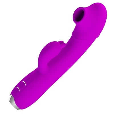 Vibrador roxo em silicone com estimulador em forma de coelho e botões de controle no cabo