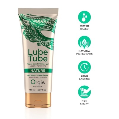 Frasco de gel íntimo Lube Tube Nature com tampa dourada e texto verde e preto