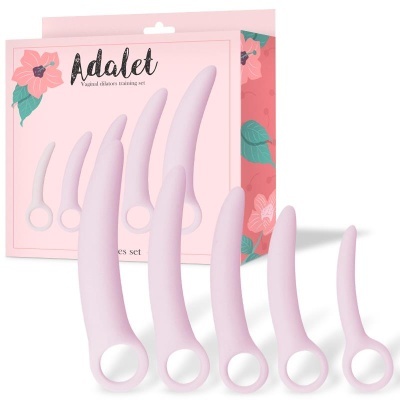 Conjunto de dilatadores vaginais rosa claro e embalagem rosa com flores