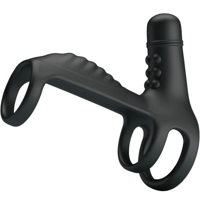 Dispositivo preto com três aros e textura nodular em fundo branco