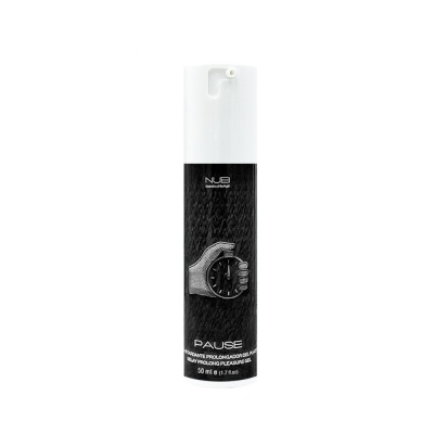 Frasco de gel preto e branco com doseador e cronómetro na etiqueta