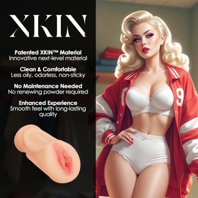 Manequim loiro com lingerie branca e casaco vermelho branco ao lado de sex toy em fundo escuro com texto promocional XKIN