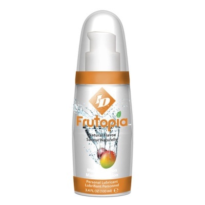 Frasco de lubrificante pessoal Frutopia com tampa transparente e detalhes laranja