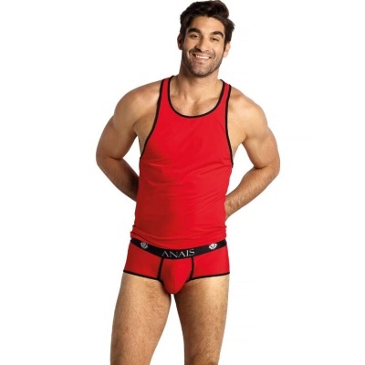 Conjunto de roupa interior masculina vermelho com acabamento preto e texto ANAÏS na cintura.