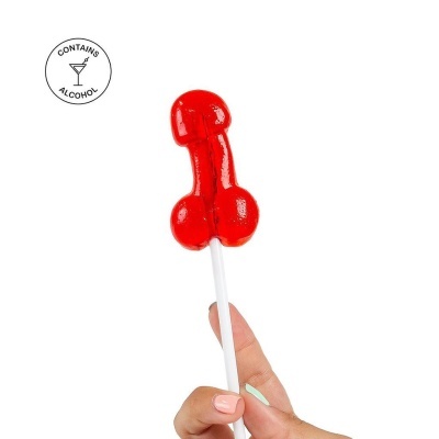 Pirulito vermelho em forma de pénis com selo CONTAINS ALCOHOL