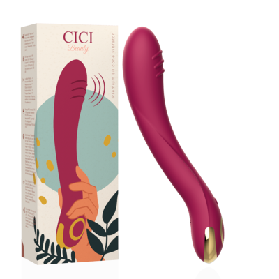Vibrador rosa escuro com detalhes dourados junto à sua caixa branca com design colorido.