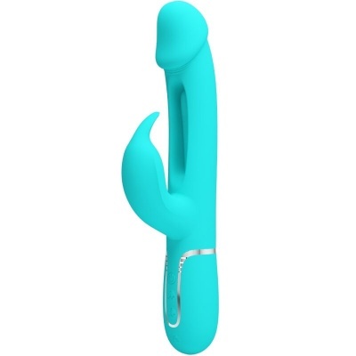 Vibrador azul turquesa com estimulador adicional e botões de controlo em fundo branco