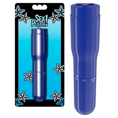 Vibrador azul em embalagem com estrelas e texto Sex Please
