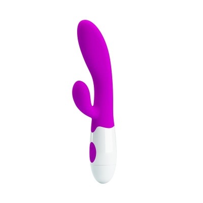 Vibrador roxo com base branca e botão