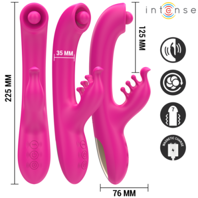Vibrador rosa em silicone com múltiplos estímulos e carregamento magnético.