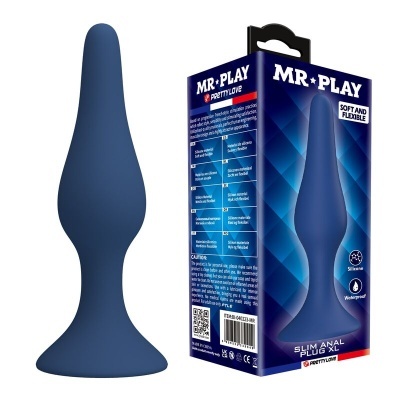 Plug anal de silicone azul escuro e caixa do produto