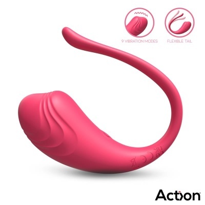 Vibrador rosa com cauda flexível e texturas onduladas.