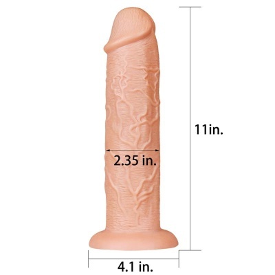 Produto em forma de órgão masculino com medidas em polegadas sobre fundo branco
