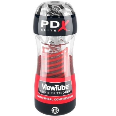 Dispositivo tipo tubo transparente com texto e interior espiral vermelho