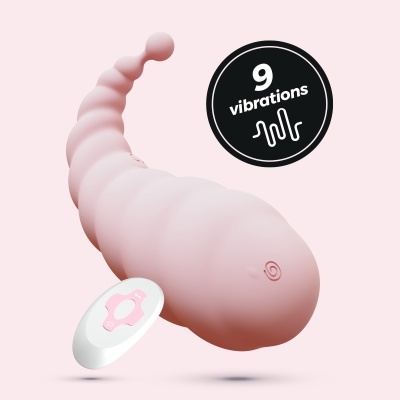 Vibrador cor de rosa com 9 níveis de vibração e comando branco com botões rosas