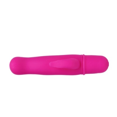 Vibrador cor-de-rosa de silicone com design liso e relevo, sobre fundo branco