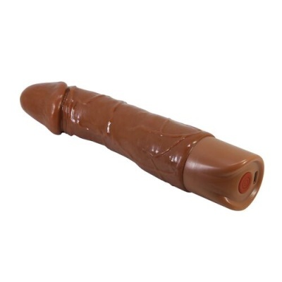 Vibrador castanho com textura detalhada e botão vermelho na base
