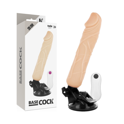 Dildo pele com base preta e controlo remoto em fundo branco com embalagem ao lado