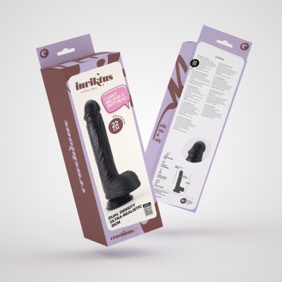 Embalagem de dildo realístico preto com texto e dimensões