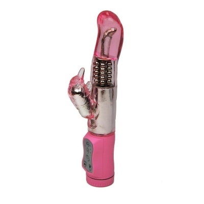 Vibrador cor-de-rosa com conta metálica e controle de botões no cabo