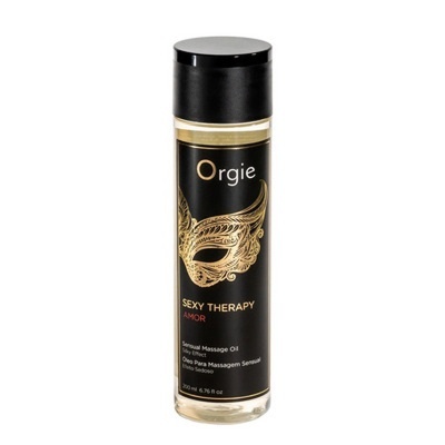 Frasco de óleo de massagem sensual Orgie com etiqueta preta e detalhes dourados
