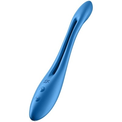 Produto azul alongado e curvado com dois botões e símbolo gravado