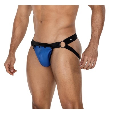 Cueca jockstrap azul e preta com tiras elásticas e argolas metálicas