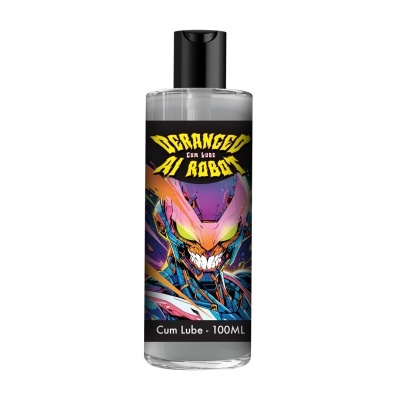 Frasco plástico com lubrificante com rótulo colorido com robô e texto DERANGED AI ROBOT Cum Lube 100ML