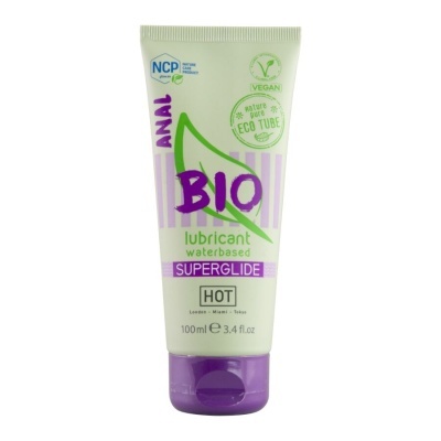 Tubo de lubrificante anal BIO à base de água com tampa roxa e selos vegan e eco